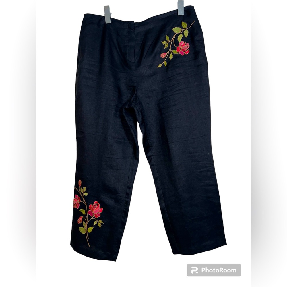 Allison Taylor 100% Linen Boho Lagen Look Embroidered Floral Black Pants Sz 12‎